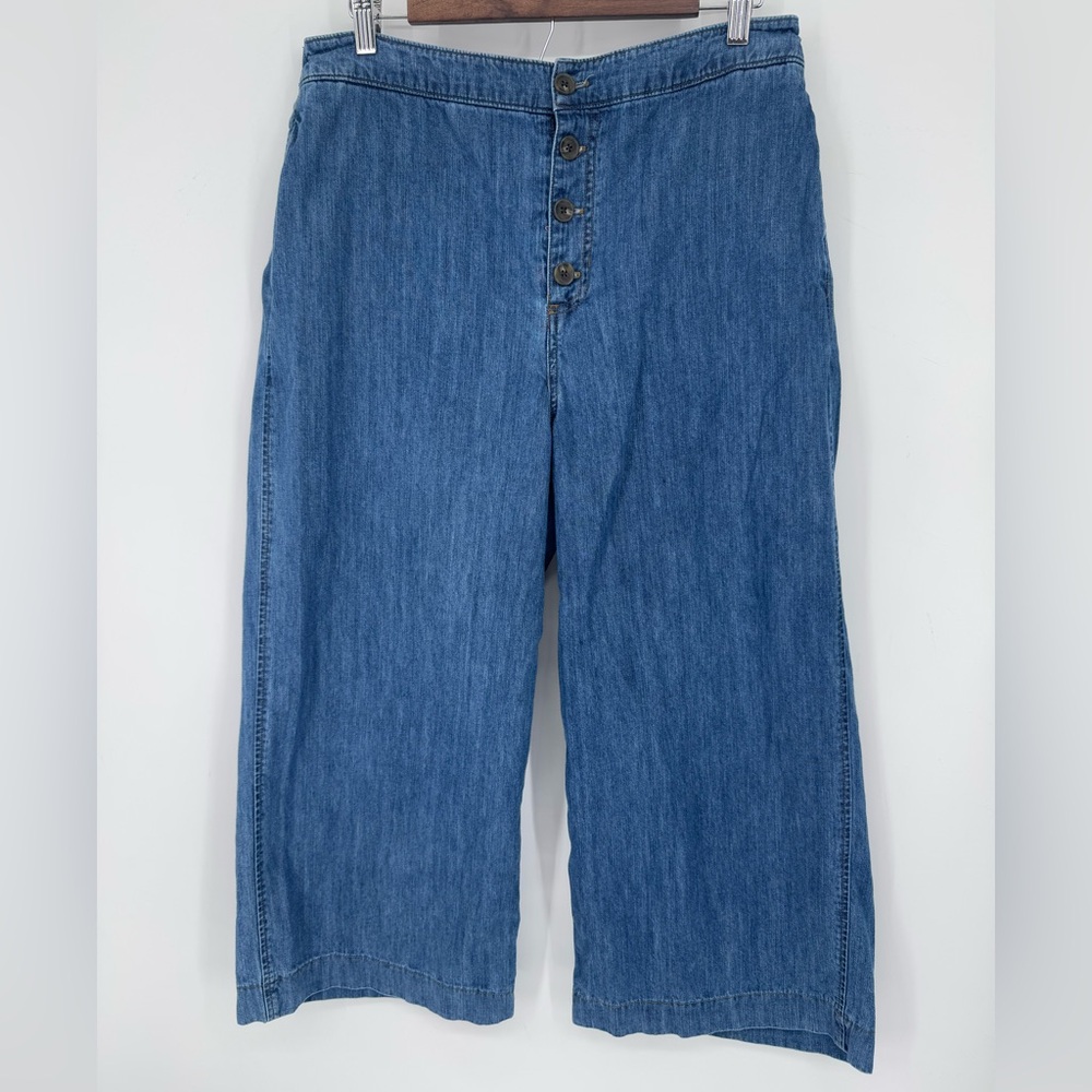 LC Lauren Conrad Womens Denim Blue Button-Front Cotton Wide Leg Pants Size Large